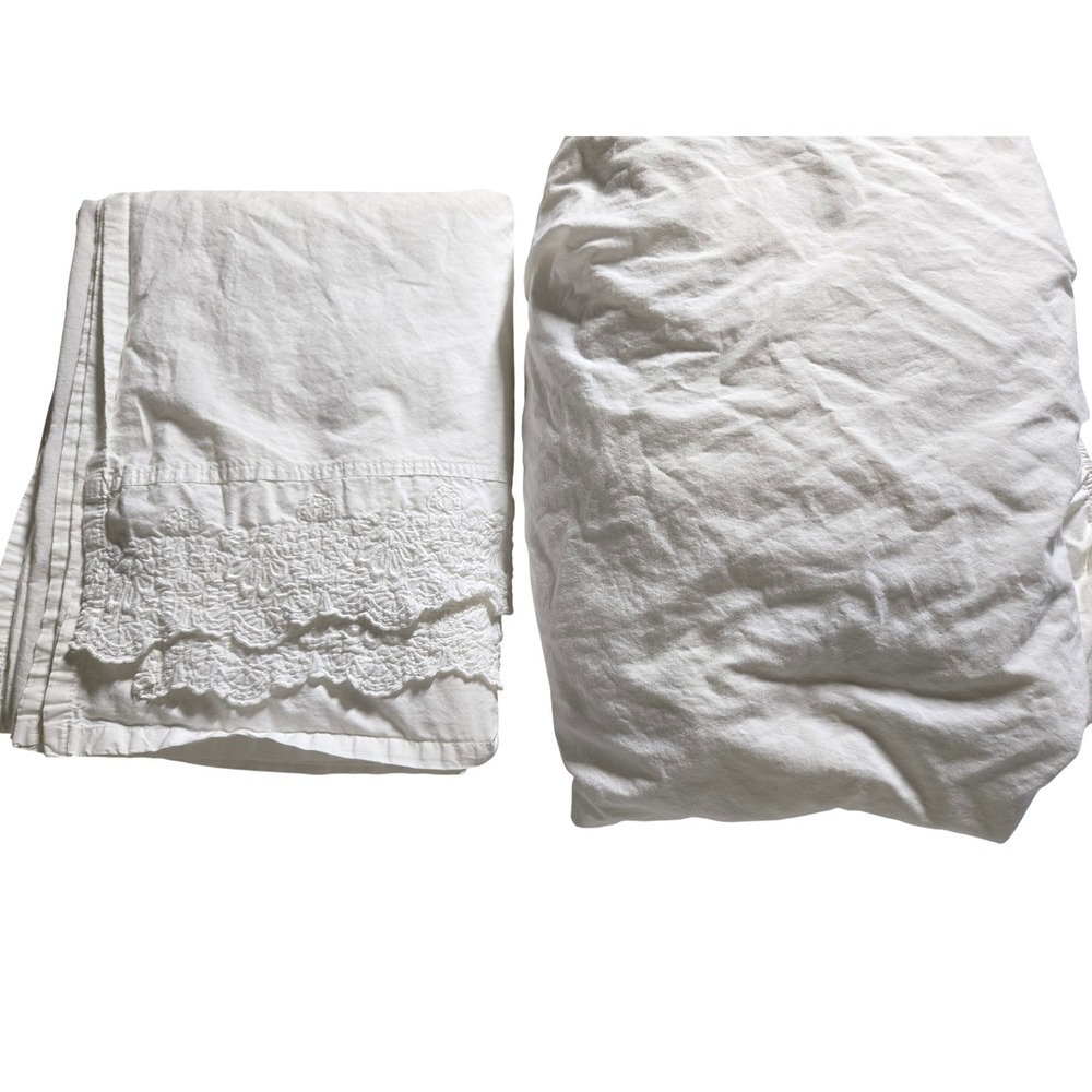 Simply Shabby Chic Crisp White Full Sheet Set 100% Cotton Lace Trim Flat Fitted